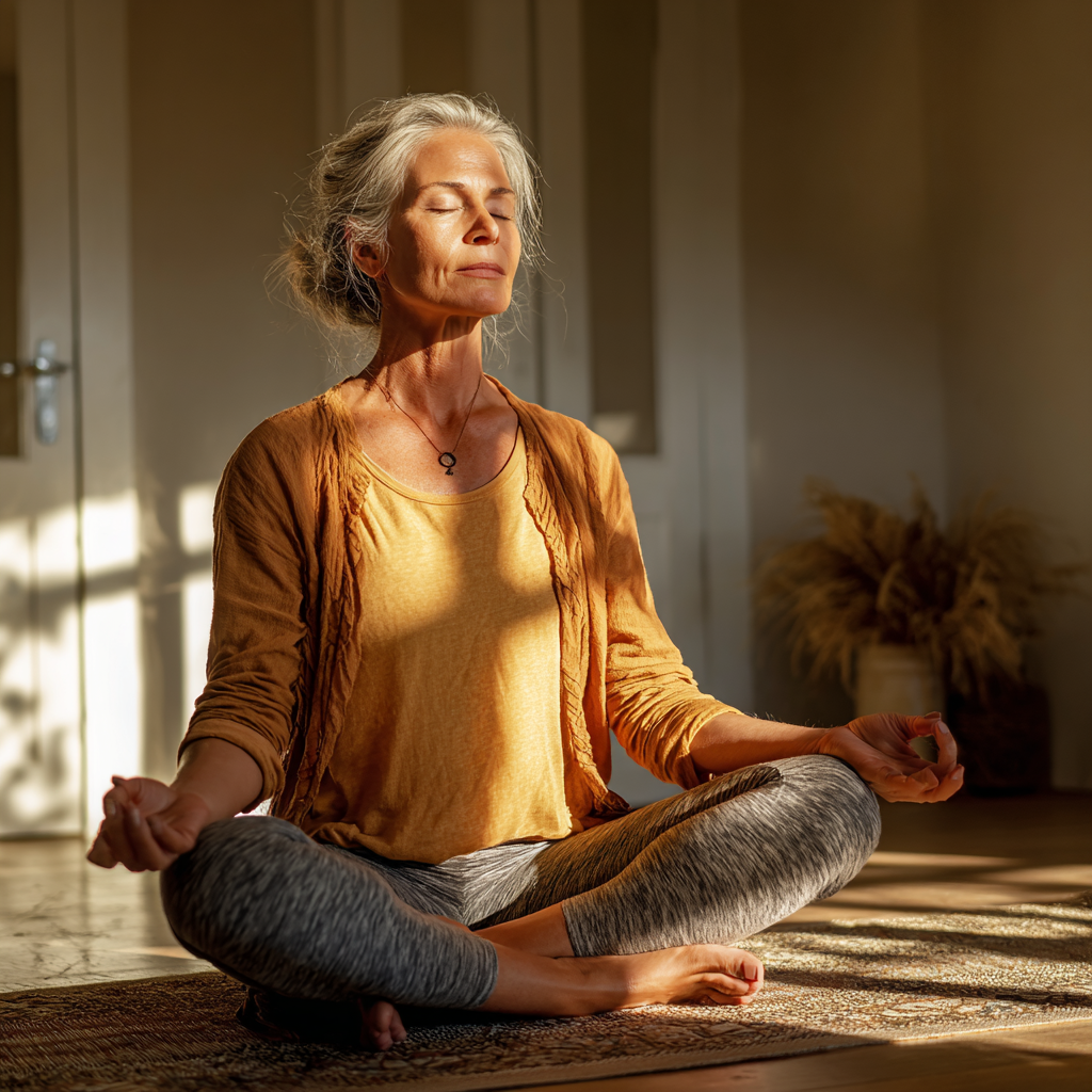 50 years old woman practicing yoga in peaceful morning light