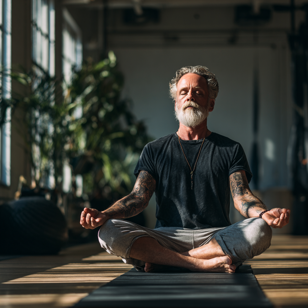 51 years old man performing yoga poses in serene studio environment