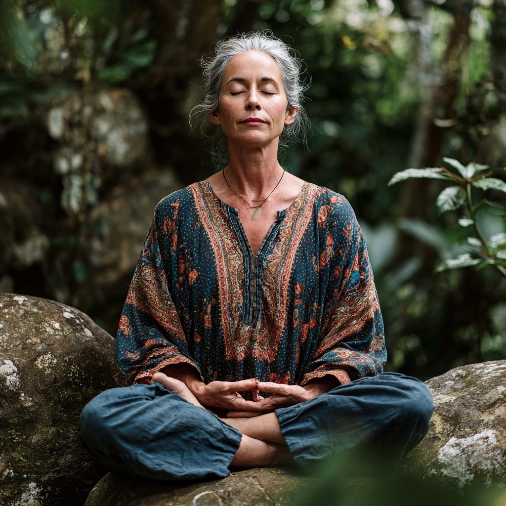 Peaceful 53 years old woman sitting in meditation pose in natural environment